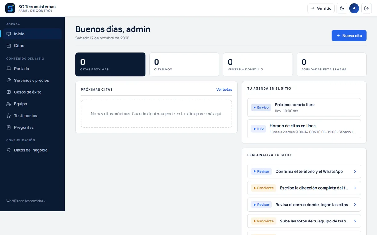 Panel de control para administrar citas y contenido